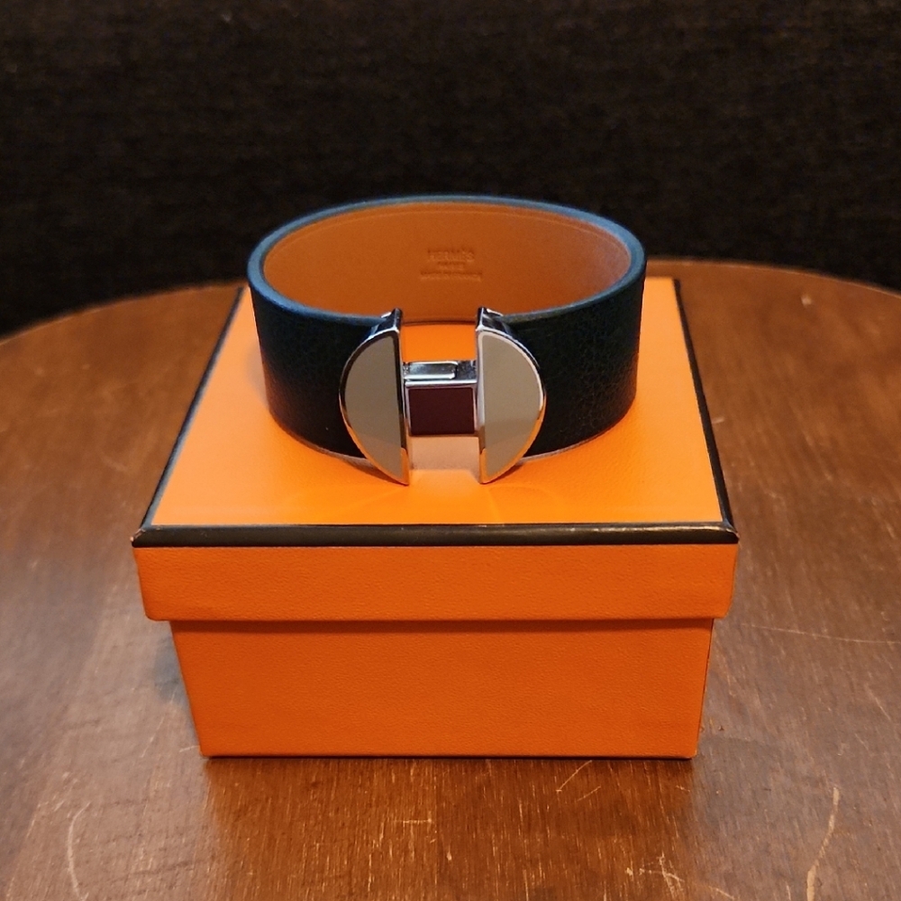 HERMES Dark Green Calfskin Leather & Palladium Cuff Bracelet w/Grey Latch Clasp